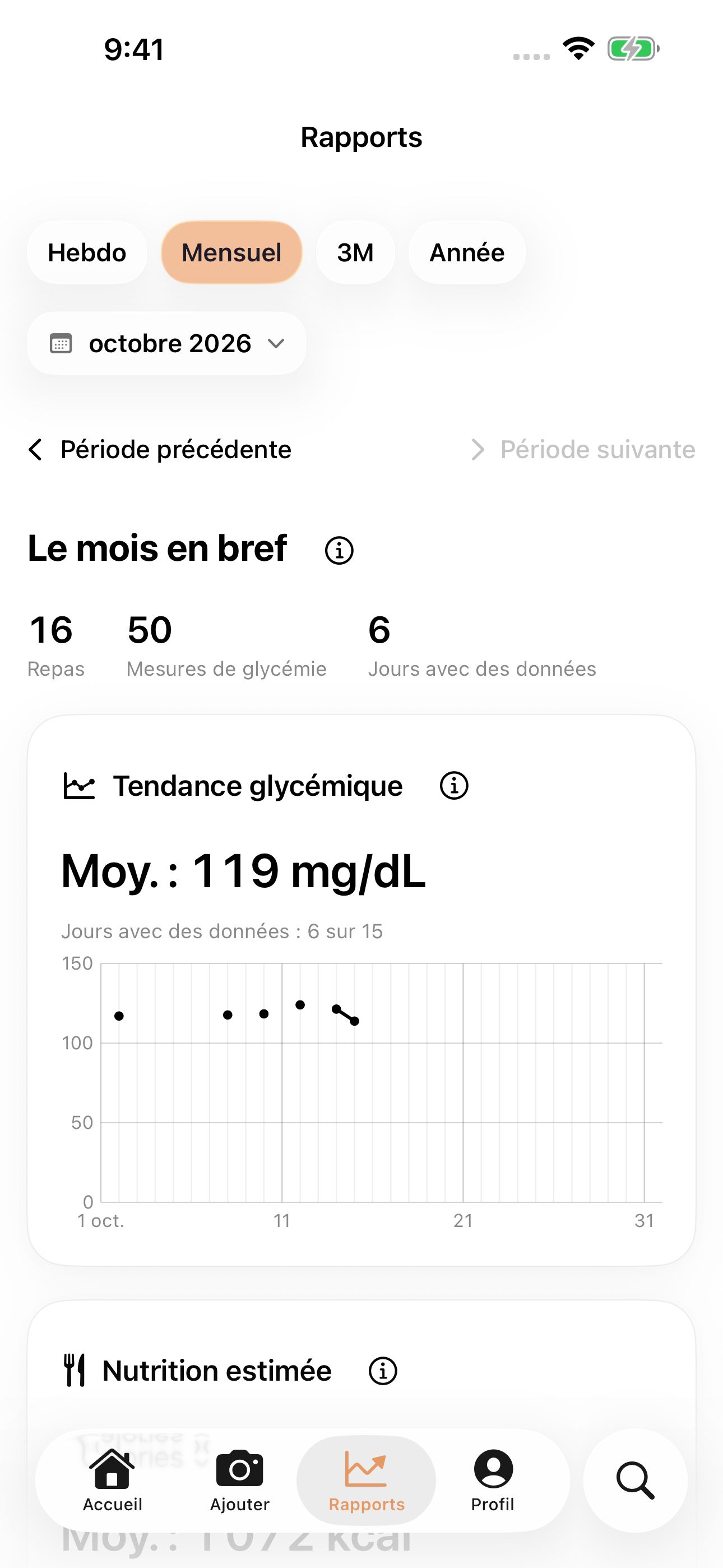Historique mensuel GluNudge avec repas et résumés de glycémie fictifs, y compris les données absentes.