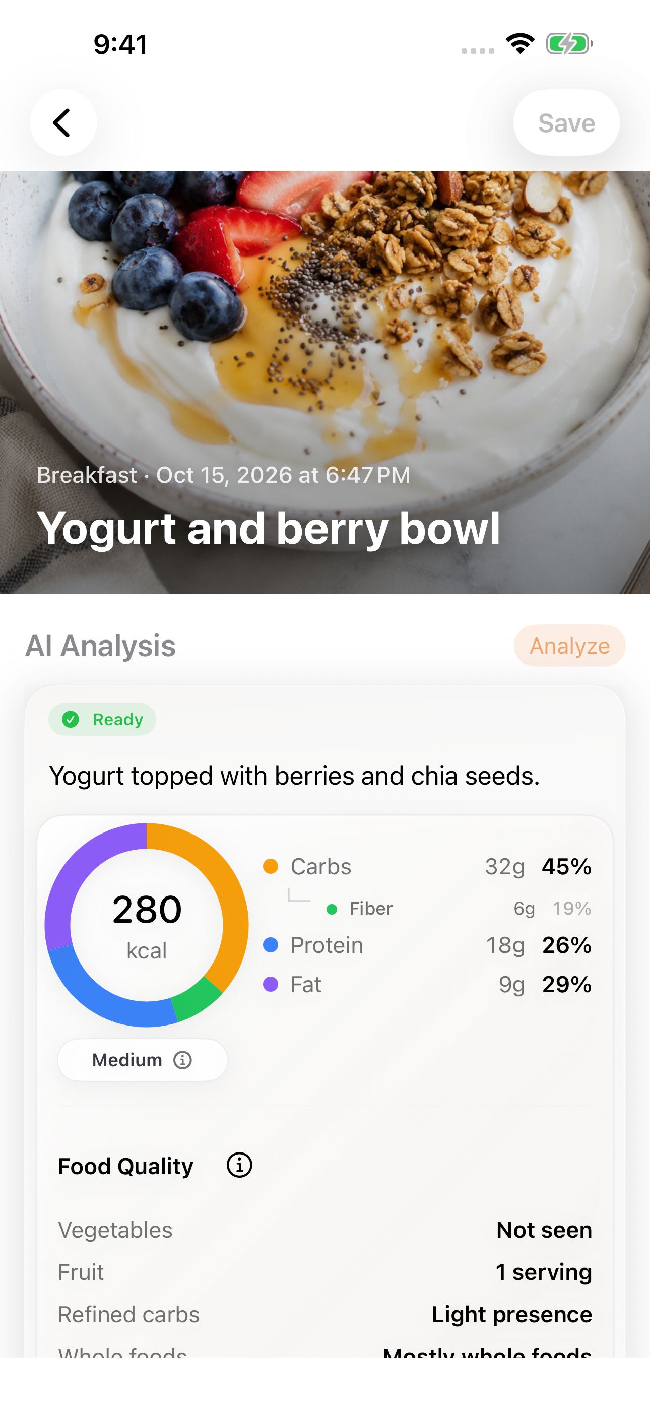 GluNudge meal record with a yogurt bowl photo and sample nutrition estimates.