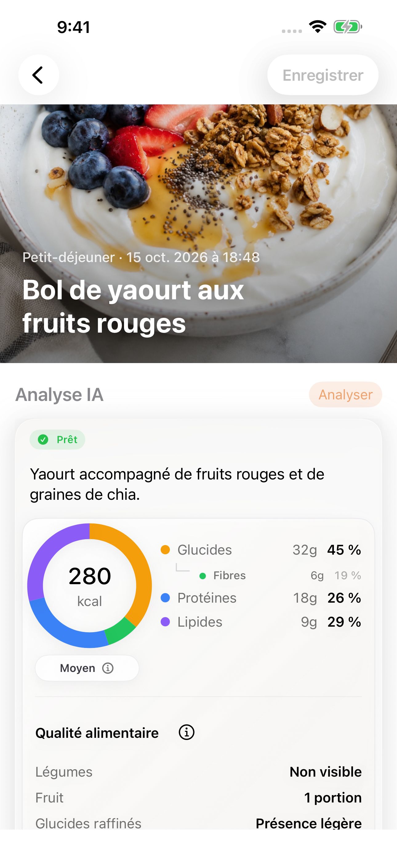 Repas GluNudge avec une photo de yaourt et des estimations nutritionnelles d’exemple.