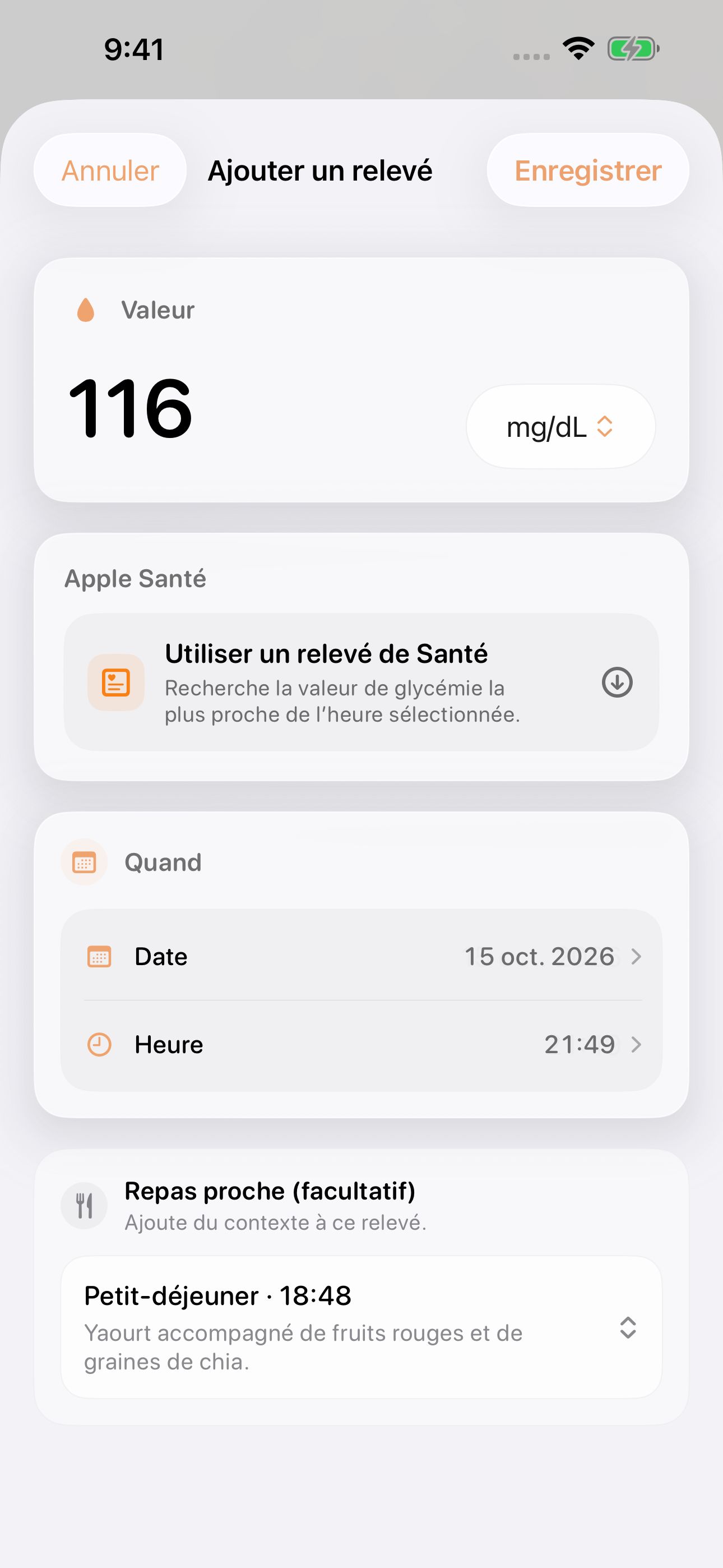 Formulaire de saisie GluNudge avec une valeur d’exemple de 116 mg/dL et l’heure de mesure.